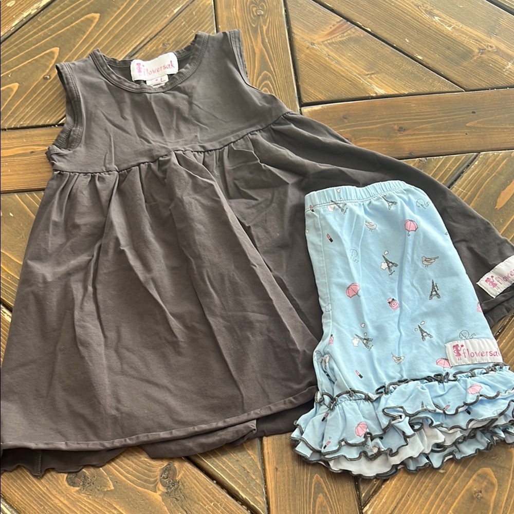 Girls' Brown Dress and Blue Ruffle Pants Set